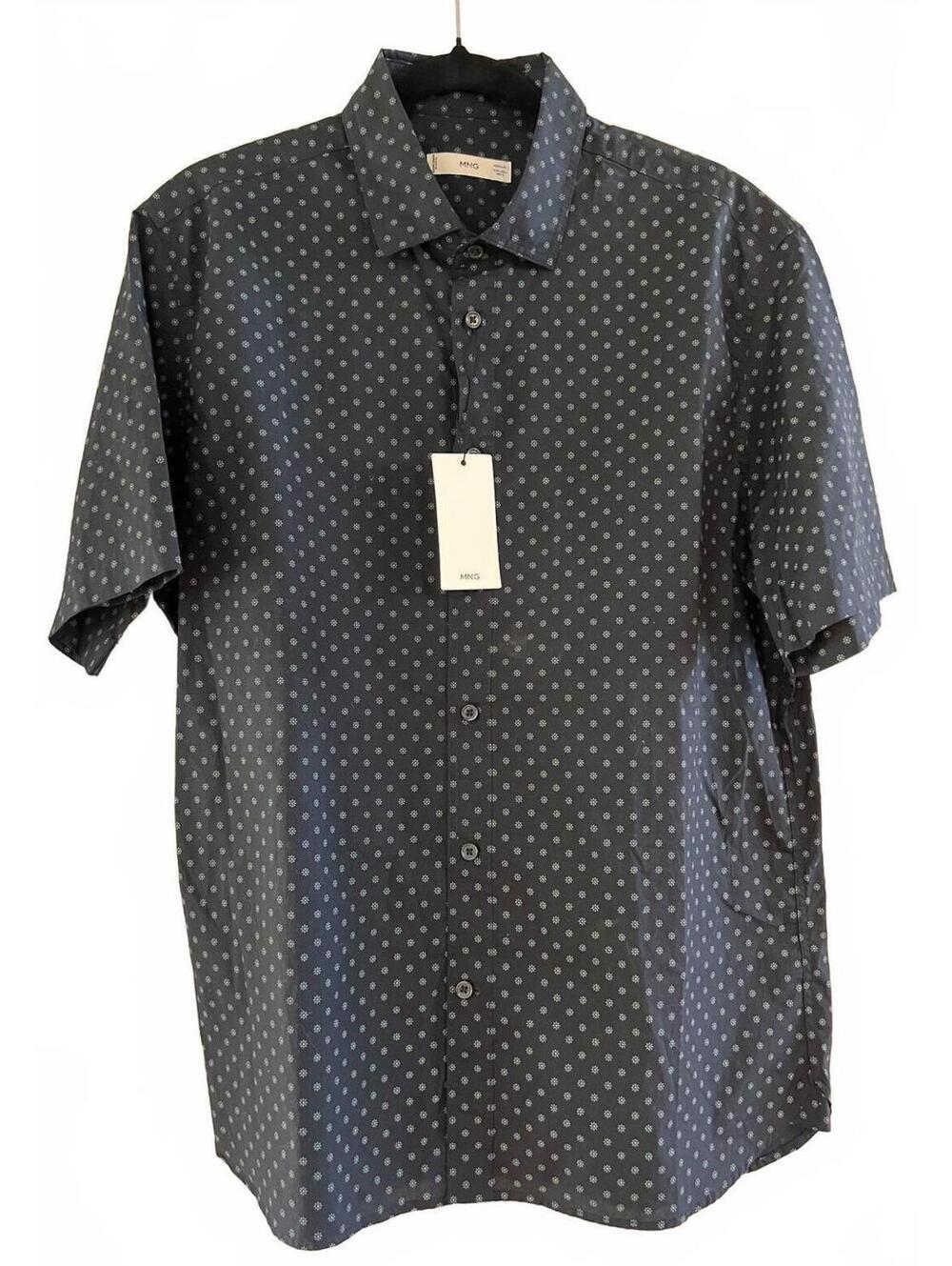 Mango Men's Navy Blue Short Sleeve Button-Up Pattern Shirt Size L NWT